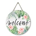 Summer Tropical Welcome Palm Leaf Sign for Front Door Wooden Green Palm Leaves Flower Door Signs Summer Floral Round Door Hanger for Wall Home Office Decorations