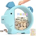 Summidate Wooden Piggy Bank for Kids Boys, Blue Large Pig Money Banks