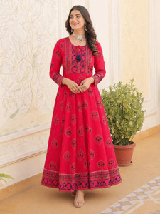 SUNDAYKURTI Printed Cotton Blend Stitched Anarkali Gown