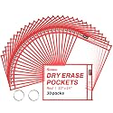 SUNEE 30 Packs Oversized Reusable Dry Erase Pocket Sleeves with 2 Rings, Red 10x14 Ticket Holders, Clear Plastic Sheet Protectors, Teacher School Classroom Supplies