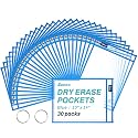 SUNEE 30 Packs Oversized Reusable Dry Erase Pocket Sleeves with 2 Rings, Blue 10x14 Ticket Holders, Clear Plastic Sheet Protectors, Teacher School Classroom Supplies