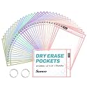 SUNEE 35 Packs Oversized Reusable Dry Erase Pocket Sleeves with 2 Rings, 10 Morandi Colors 10x14 Ticket Holders, Clear Plastic Sheet Protectors, Teacher School Classroom Supplies