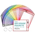 SUNEE 35 Packs Oversized Reusable Dry Erase Pocket Sleeves with 2 Rings, 10 Assorted Colors 10x14 Ticket Holders, Clear Plastic Sheet Protectors, Teacher School Classroom Supplies