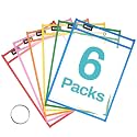 SUNEE 6 Packs Oversized Reusable Dry Erase Pocket Sleeves with Binder Ring, 6 Assorted Colors 10x14 Ticket Holders, Clear Plastic Sheet Protectors, Teacher School Classroom Supplies