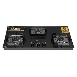 sunflame 3 burner ultra-slim countertop hob 80 cm wide  italian sabaf valve  5-year glasstop burners amp valve coverage by sunflame  forged brass burners  sturdy pan support with flame guard black