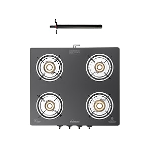 sunflame maleo gas stove 4 burners glass top  complimentary lighter  2 medium amp 2 small brass burners gas stove  2 year product coverage  toughened glass top