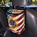 Sunflower American Flag Print Car Trash Can with Lid Car Accessories for Men Women Trash Bin Hanging Back of Seat Collapsible Leak Proof Multipurpose Vehicle Garbage Can