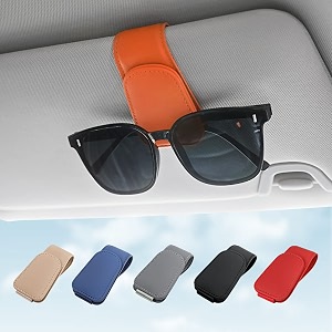 kansmart sunglass holder for car visor sunglasses clip magnetic leather glasses eyeglass holder truck car interior accessories universal for woman man -orange
