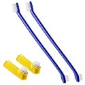SunGrow Dog & Ferret Toothbrush Set of 4, 2 Long Dual-Headed and 2 Finger Brush, Blue and Yellow, Puppy, Cat, and Small Breed Dog, 9-Inches and 2.5-Inches