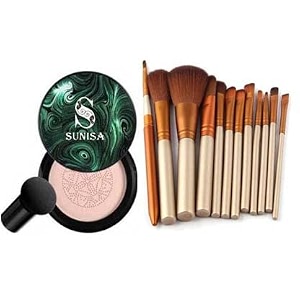 sunisa 1 bb cc cream foundation with 1 mushroom head air cushion 20g and 12 pcs brown makeup brushes set - pack of 14