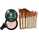 SUNISA 1 BB CC Cream Foundation With 1 Mushroom Head Air Cushion 20g and 12 Pcs Brown Makeup Brushes Set - (Pack of 14)