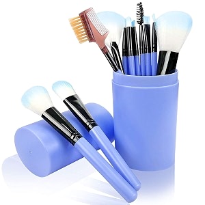 sunisa blue soft synthetic bristle makeup brushes set of 12 with plastic storage case - pack of 13