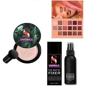sunisa bb and full coverage cc cream foundation for all skin types with mushroom head air cushion 20g and 1 the matte fixer with 1 nude eyeshadow palatte- pack of 3