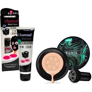 sunisa bb and cc cream natural foundation with mushroom head air cushion 20g and 1 charcoal peel off mask - pack of 2 natural finish