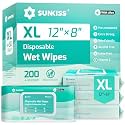 SUNKISS TrustPlus Adult Wet Wipes, Extra Large 8"x12", Unscented, 200Ct