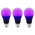 Sunlite LED A19 Black Light UV Bulb, 7W (60W Equiv.), Medium E26 Base, Non-Dimmable, 390-405nm Wavelength, Ideal for Black Light Room Decor, Halloween Decorations, Indoor UV Decor, UL Listed, 3 Pack