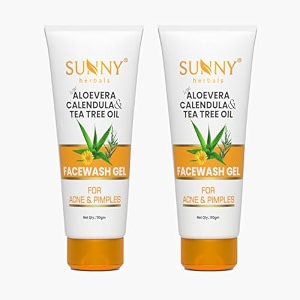 sunny herbals face wash gel with aloevera calendula amp tea tree oil  aloevera amp calendula removes damaged skin cells  tea tree treats acne amp pimples  110 gm pack of 2
