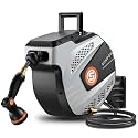 SUNPOW Retractable Garden Hose Reel - 1/2 inch x 50ft Heavy Duty Wall Mounted Hose Reel with 3/4 inch Brass Fitting & 10 Sprayer Nozzle - Any Length Lock, Auto Rewind System, 180°Swivel Bracket- Grey