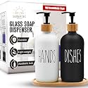 Sunrise Premium White &amp; Black Glass Soap Dispenser-Bamboo Pump &amp; Tray, 2 Pc