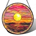 Sunrise Sea Pink Stained Glass Window Hanging Suncatcher Gifts Decor 15"