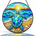 Sunset Turtle Window Hanging Suncatcher, 7.8" Stained Glass Sun Catcher, Home Wall Garden Decor, Mother's Day Birthday