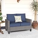 SUNSITT Outdoor Wicker Patio Loveseat 2-Seater Couch, Denim Blue Cushion