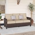 SUNSITT Outdoor Patio Couch Sofa, All Weather Wicker 3 Seater Couch, Outdoor Seating Patio Furniture Sofa with Beige Olefin Cushion for Balcony Porch Deck