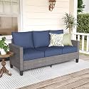 SUNSITT 3-Seater Outdoor Wicker Patio Sofa Couch with Denim Blue Cushions