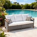 SUNSITT Outdoor Patio Couch Sofa, All Weather Wicker 3 Seater Couch with Acacia Wood Armrest, Outdoor Seating Patio Furniture Sofa with Grey Wicker & White Cushion for Balcony Porch Deck