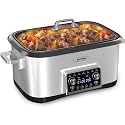 Sunvivi 8 Quart Slow Cooker Roaster Oven, 12 in 1 Programmable Multi-Cooker with Digital Timer, Temp Control, Keep Warm, Removable Non-stick Aluminum Pot &amp; Dishwasher-Safe Glass Lid, Stainless Steel
