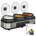 Sunvivi Slow Cooker with 10 Cooking Liners, Triple Slow Cooker Buffet Server 3 Pot Food Warmer for Parties with 3 Spoons ? Lid Rests,Adjustable Temp, 3 * 1.5 Quarts Silver