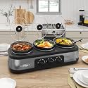 Sunvivi Slow Cooker with 3 Pots, Triple Slow Cooker Buffet Server 3 Pot Food Warmer for Parties with 3 Spoons & Lid Rests, Adjustable Temp, 3 * 1.5 Quarts