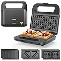 3 in 1 Electric Sandwich Maker with Removable Nonstick Plates - 750W, Black for Belgian Waffle/Panini/Grill/Pancake Griddle/Breakfast, Dishwasher Safe, Cool Touch Handle, Easy to Clean & Store
