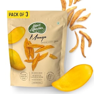 super munchies crunchy mango chips  vacuum cooked  no added sugar no salt  vegan gluten-free no msg no preservatives  low fat zero cholesterol trans fat free  healthy snack pack of 3