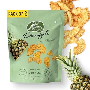 super munchies crunchy pineapple chips  vacuum cooked  high fiber  no added sugar no salt  vegan gluten-free no msg no preservatives  low fat zero cholesterol trans fat free  healthy snack pack of 2