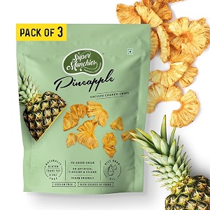 super munchies crunchy pineapple chips  vacuum cooked  high fiber  no added sugar no salt  vegan gluten-free no msg no preservatives  low fat zero cholesterol trans fat free  healthy snack pack of 3