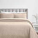 SUPERIOR 3 Piece Cotton Bedspread and Sham Set, Home Bed Decor, Decorative Bed Spread, 2 Pillow Shams, Medium Weight, Geometric Matelasse Coverlet, Bedding Essentials, Madrid Collection, Queen, Beige