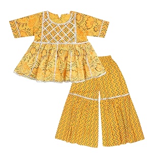 superminis baby girl39s cotton sanganerifloral printed frock style kurti with printed sharara dress clothing set