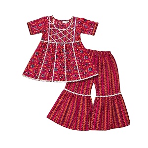 superminis baby girl39s cotton sanganerifloral printed frock style kurti with printed sharara dress clothing set