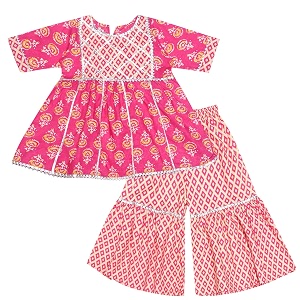 superminis baby girl39s cotton sanganerifloral printed frock style kurti with printed sharara dress clothing set
