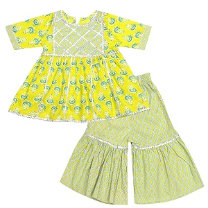 superminis baby girl39s cotton sanganerifloral printed frock style kurti with printed sharara dress clothing set