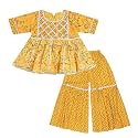 superminis Baby Girl's Cotton Sanganeri/Floral Printed Frock Style Kurti With Printed Sharara Dress Clothing Set