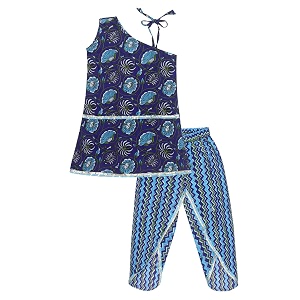 superminis baby girls cotton floral sanganeri print off shoulder a one style kurti with dhoti style salwar suit set