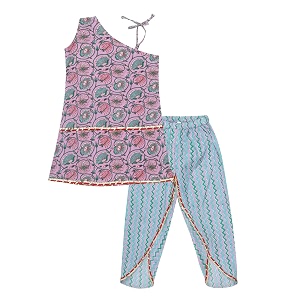 superminis baby girls cotton floral sanganeri print off shoulder a one style kurti with dhoti style salwar suit set