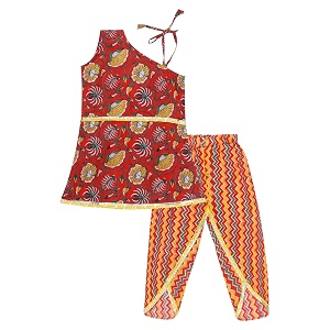 superminis baby girls cotton floral sanganeri print off shoulder a one style kurti with dhoti style salwar suit set