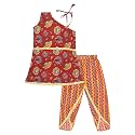 superminis Baby Girls Cotton Floral Sanganeri Print Off Shoulder A One Style Kurti with Dhoti Style Salwar Suit Set