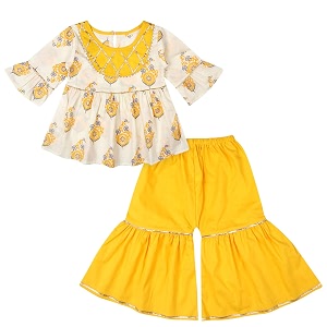 superminis baby girls cotton sanganeri printed kurti with colorful sharara suit