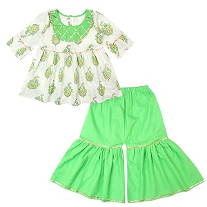 superminis baby girls cotton sanganeri printed kurti with colorful sharara suit