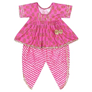 superminis cotton blend solid baby girl39s jaipuri print frock style kurti with frill sleeves and dhoti style salwar with elastic closure ethnic dress clothing set