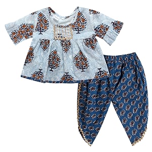 superminis cotton blend solid baby girl39s jaipuri print frock style kurti with frill sleeves and dhoti style salwar with elastic closure ethnic dress clothing set